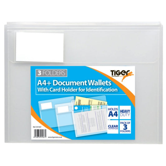 Pack of 3 A4+/Foolscap Document Wallet Folder Foldover Flap Closure Card Holder