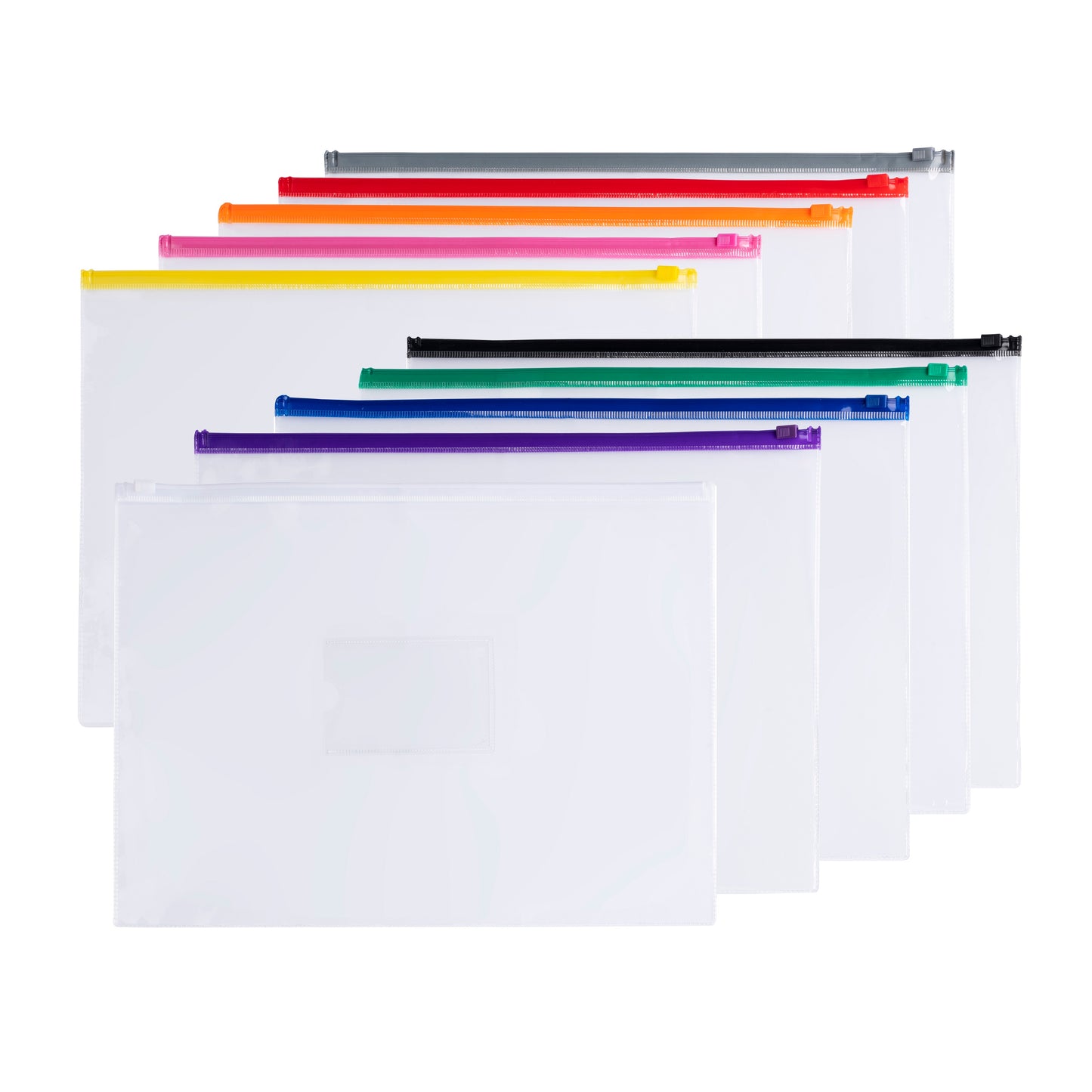 Pack of 12 A4+ Foolscap Clear Zippy Bags with Purple Zip