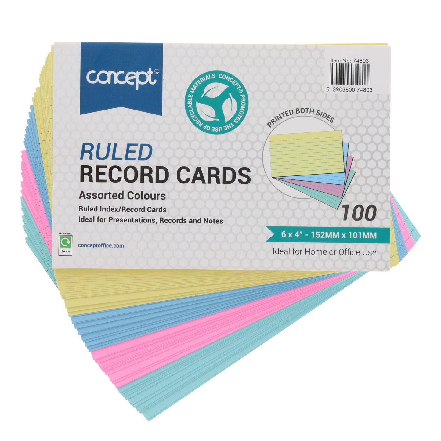 Pack of 100 6" x 4" Ruled Record Assorted Colour Cards by Concept