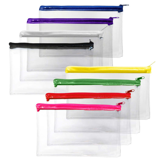 Pack of 12 Janrax 8x5" Assorted Colour Zip Clear Exam Pencil Cases