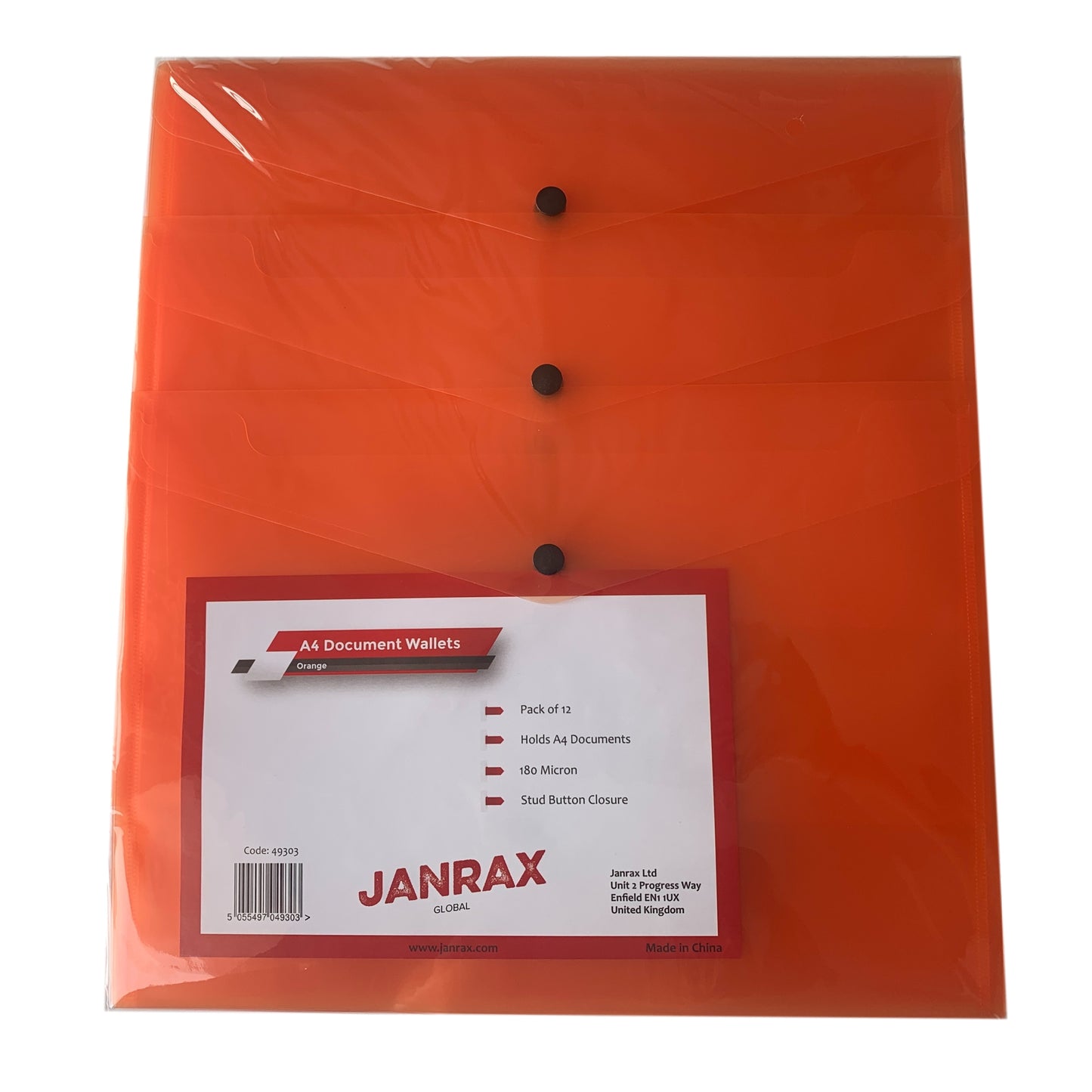 Pack of 12 Janrax A4 Orange Document Wallets - Button Stud Folder