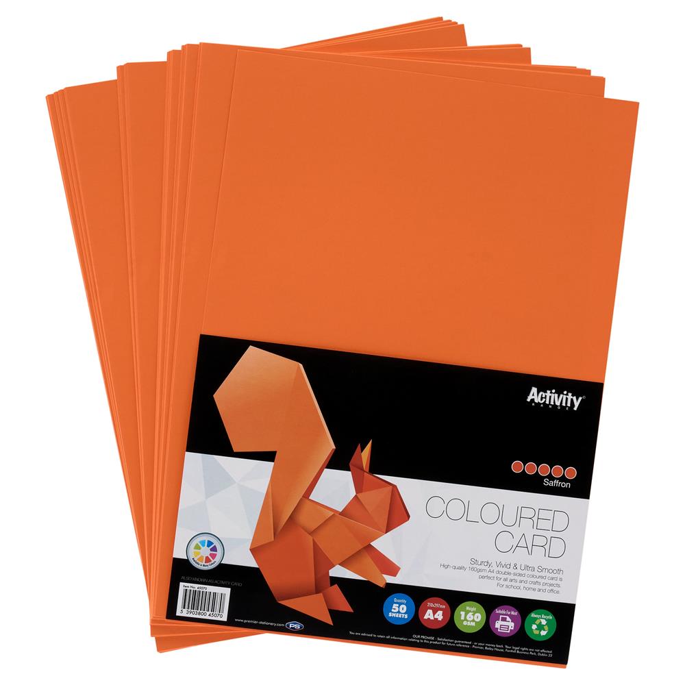 Pack of 50 Sheets A4 Saffron Orange 160gsm Card by Premier Activity