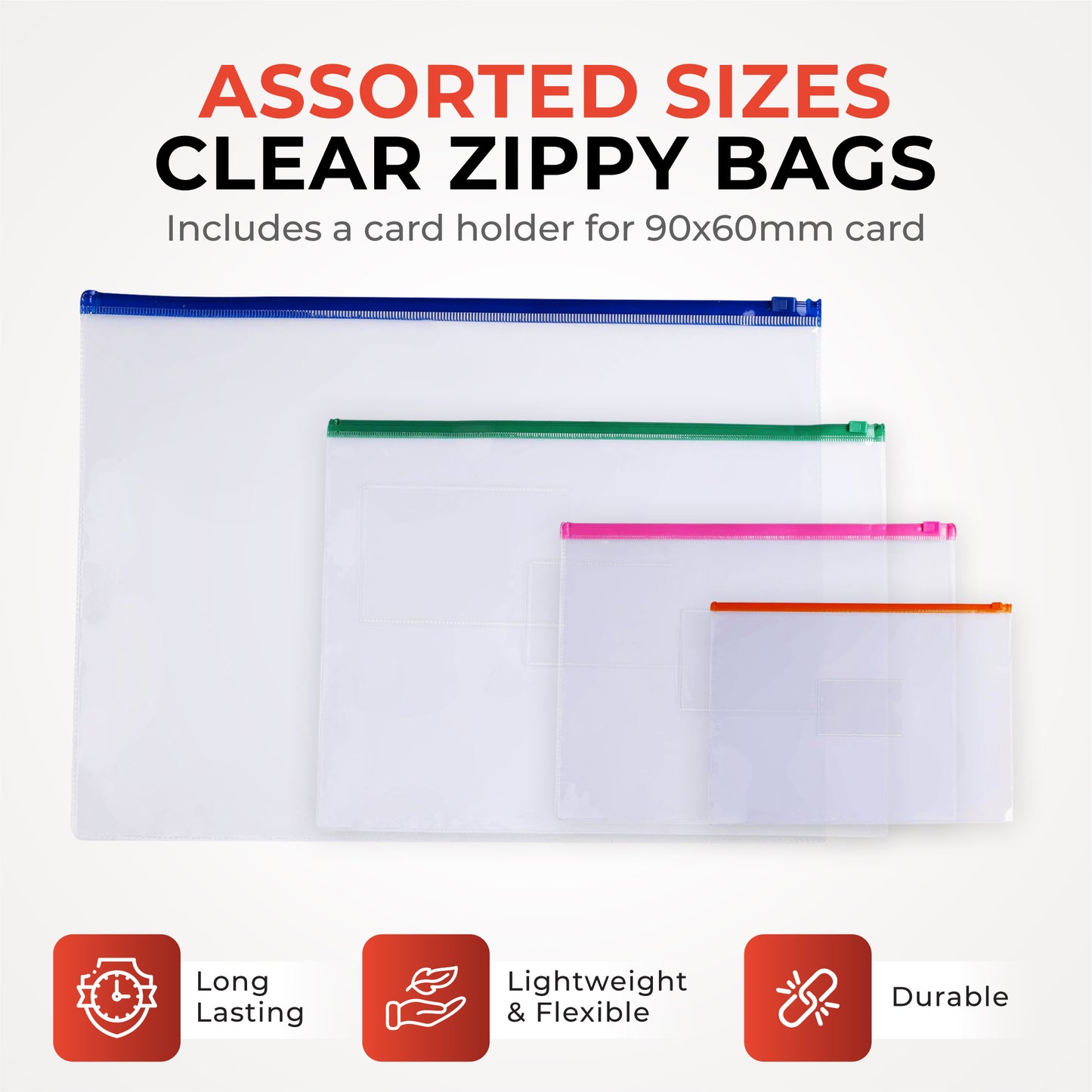 Pack of 12 A4+ Foolscap Clear Zippy Bags with White Zip