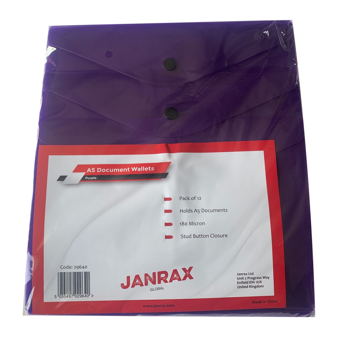 Pack of 12 Janrax A5 Purple Document Wallets