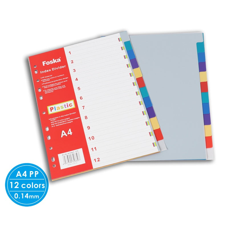 A4 12 Part Plastic Coloured Tab Index Dividers