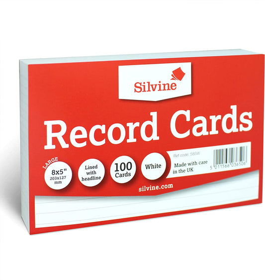 Pack of 100 Ruled White Record Cards 8x5" (203 x 127mm)