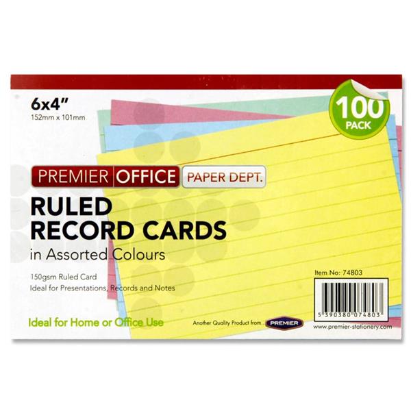 Pack of 100 6" x 4" Ruled Record Assorted Colour Cards by Concept