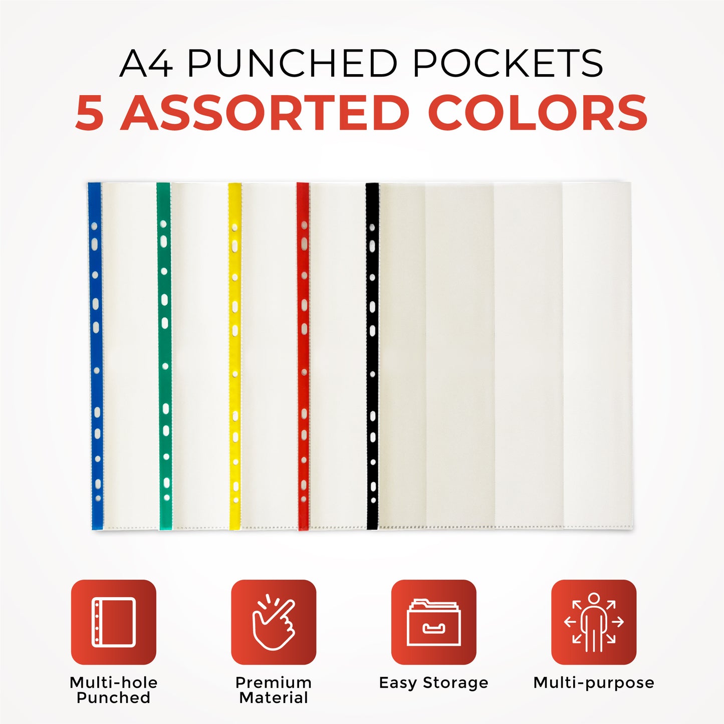 Pack of 25 A4 Punched Pockets with Assorted Coloured Reinforced Strip