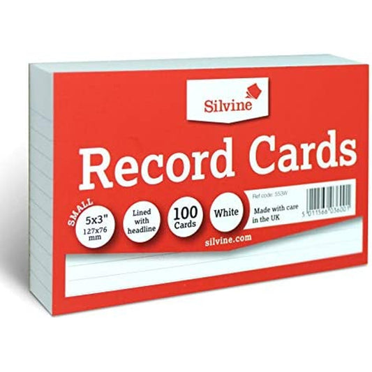 Pack of 100 Ruled White Record Cards 5x3" (127 x 76mm)