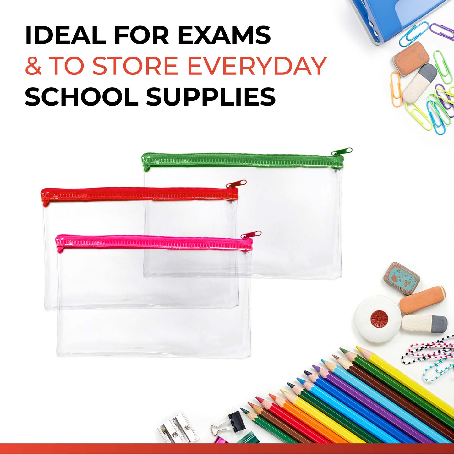 Pack of 12 Janrax 8x5" Assorted Colour Zip Clear Exam Pencil Cases