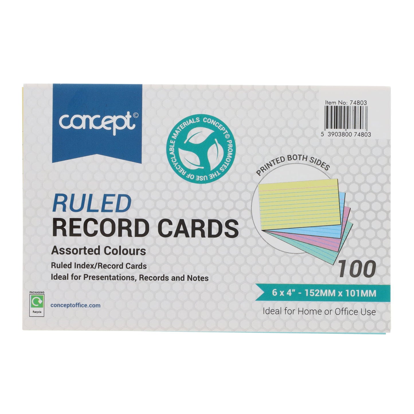 Pack of 100 6" x 4" Ruled Record Assorted Colour Cards by Concept