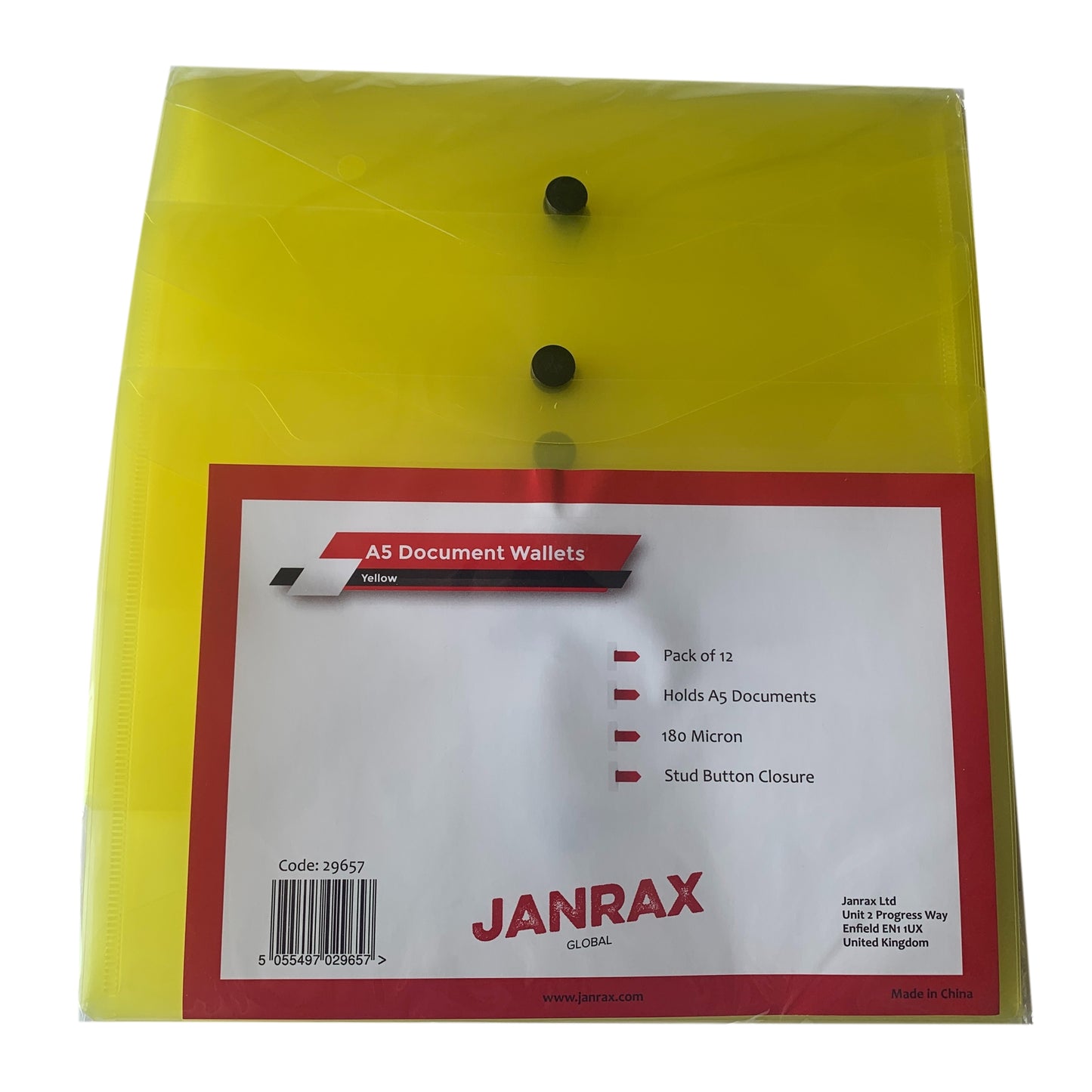 Pack of 12 Janrax A5 Yellow Document Wallets