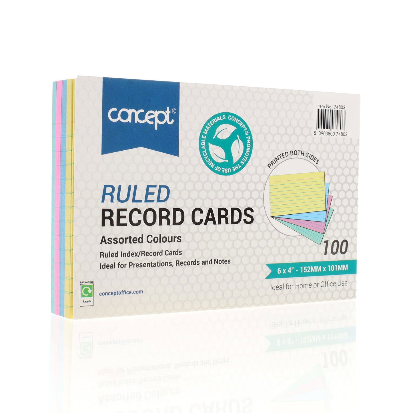 Pack of 100 6" x 4" Ruled Record Assorted Colour Cards by Concept