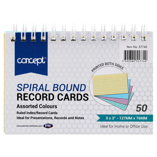 Pack of 50 5"x3" Spiral Ruled Coloured Index Cards by Concept