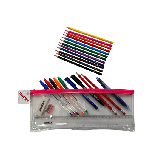 Stationery Filled Pink Zip 13x5" Pencil Case with Colouring Pencils