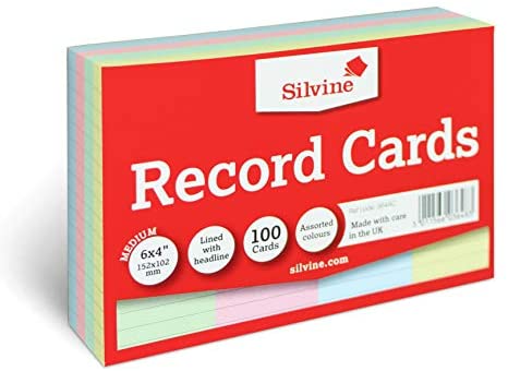 Pack of 100 Multi-Coloured Record Cards 6x4" (152 x 102mm)	