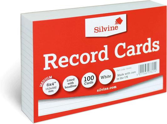 Pack of 100 Ruled White Record Cards 6x4" (152 x 102mm)