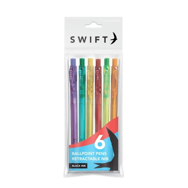 Pack of 6 Colourful Retractable Ballpoint Pens