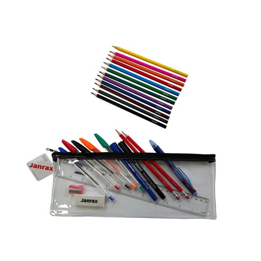 Stationery Filled Black Zip 13x5" Pencil Case with Colouring Pencils