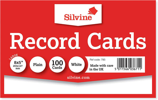 Pack of 100 Plain White Record Cards 8x5" (203 x 127mm)